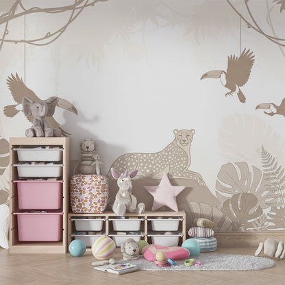 Kids-Mundo soft beige jungle wall mural with leopard behind a bed in a bedroom