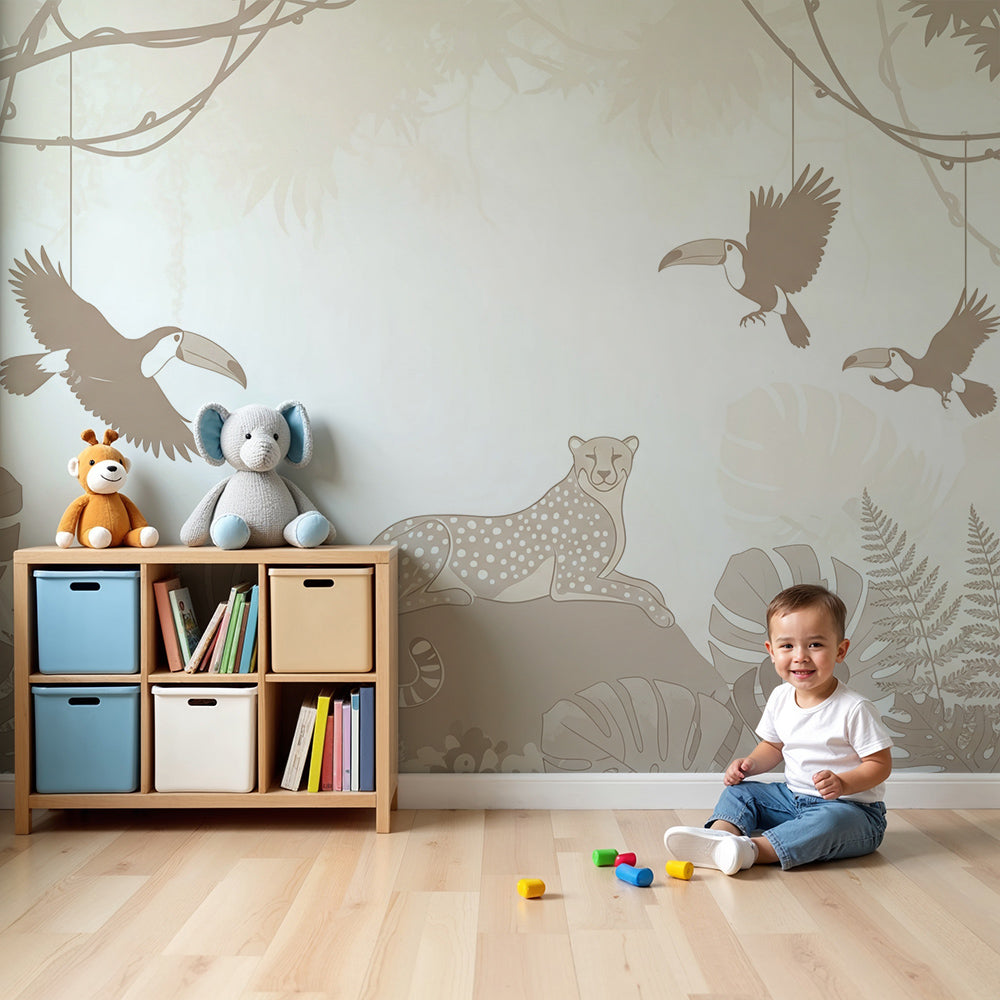Kids-Mundo beige leopard and toucan wall mural behind a cot in a neutral nursery