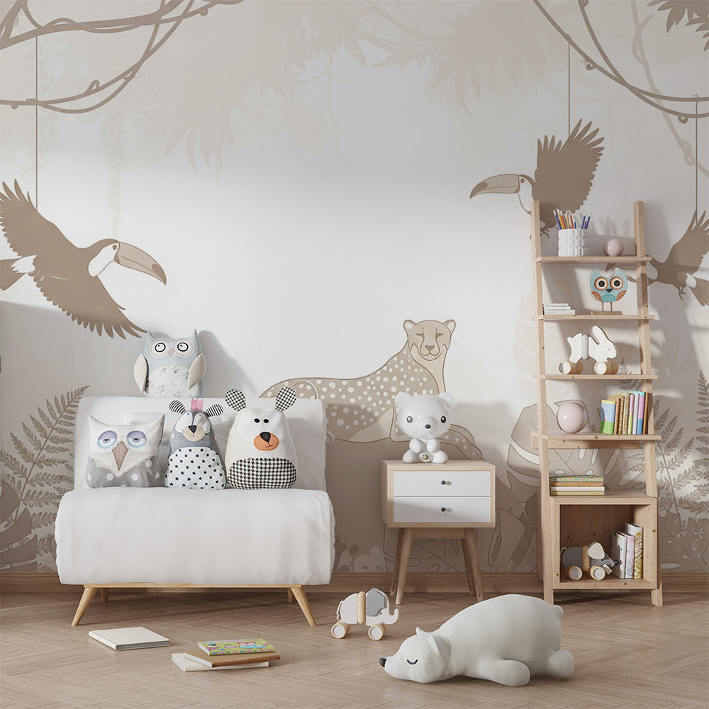 Kids-Mundo beige leopard and toucan mural covering a playroom wall with cushions