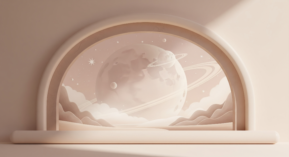 Kids-Mundo flat artwork of a carved stone arch framing a ringed planet and desert dunes