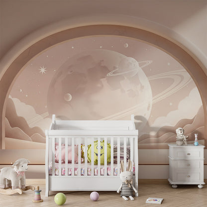 Kids-Mundo beige space archway wallpaper design shown in a cosy playroom setting