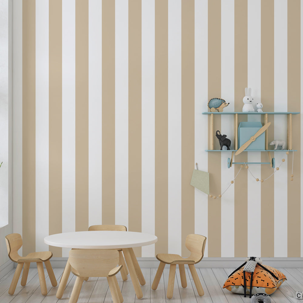 Kids-Mundo soft beige stripe wall mural covering a feature wall in a tidy kids bedroom.