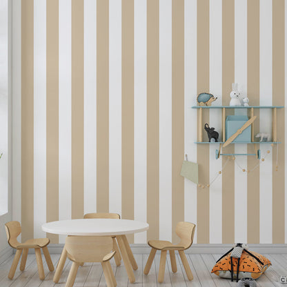Kids-Mundo soft beige stripe wall mural covering a feature wall in a tidy kids bedroom.