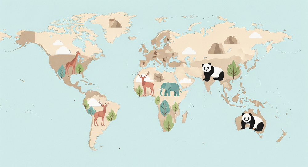 Kids-Mundo flat artwork of a beige world map with giraffe, deer, elephant and panda
