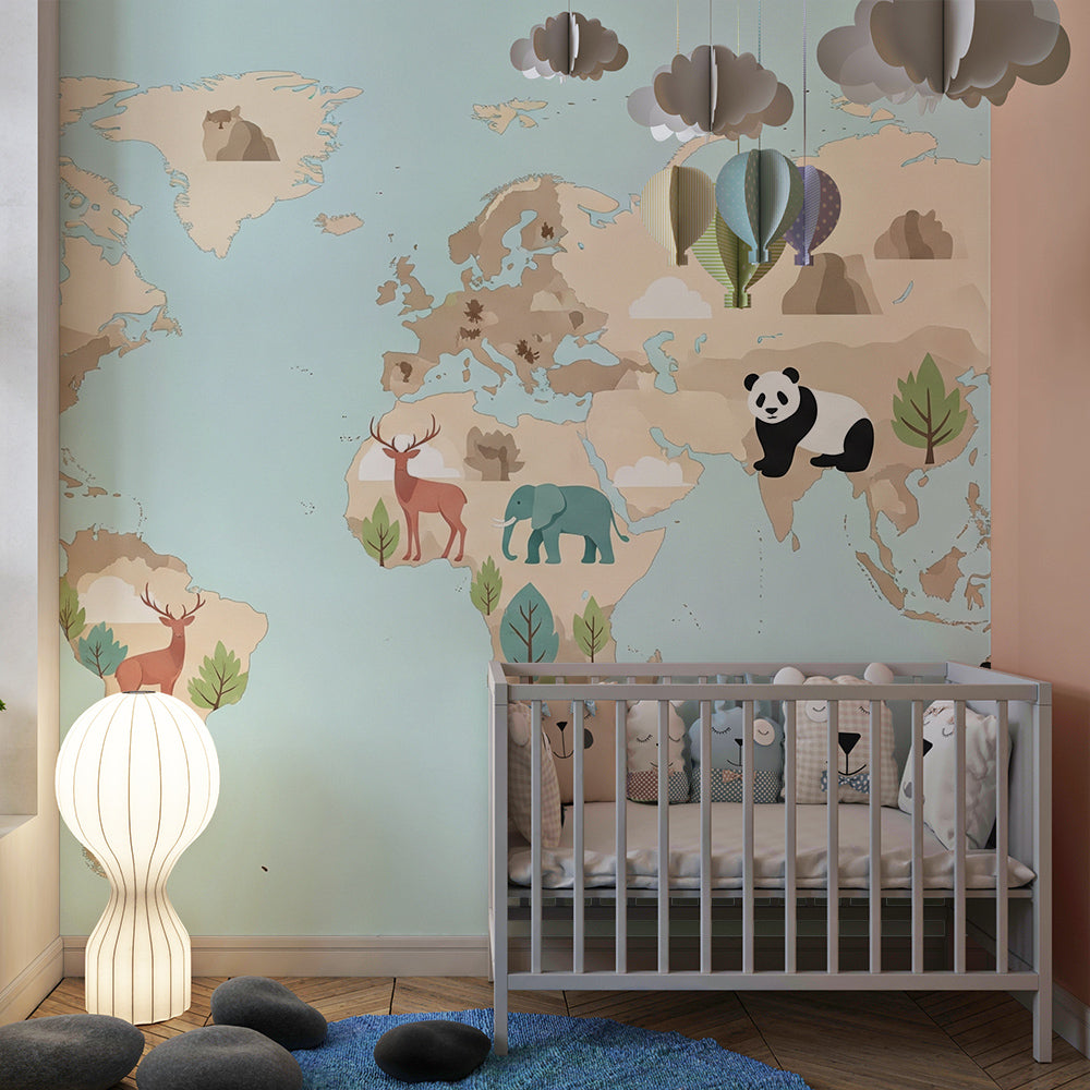 Kids-Mundo beige world map wall mural with elephant and panda motifs in a playroom