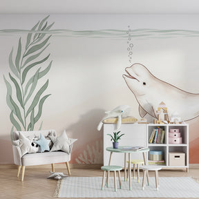 Ocean-themed beluga whale wallpaper transforming children's bedroom into serene underwater sanctuary