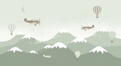 Flat artwork of the Kids-Mundo biplane and hot air balloon wall mural over snowy mountains