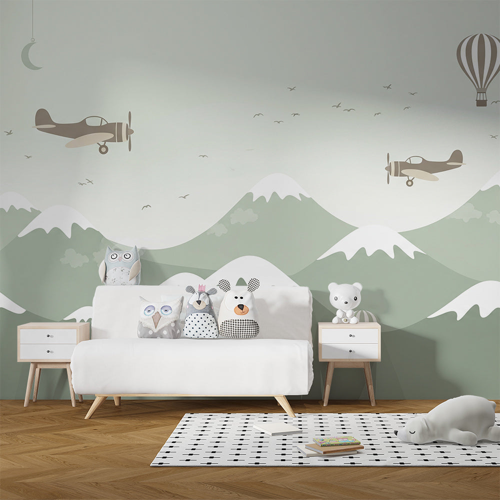 Kids-Mundo vintage biplane wall mural in a playroom with toys on the floor