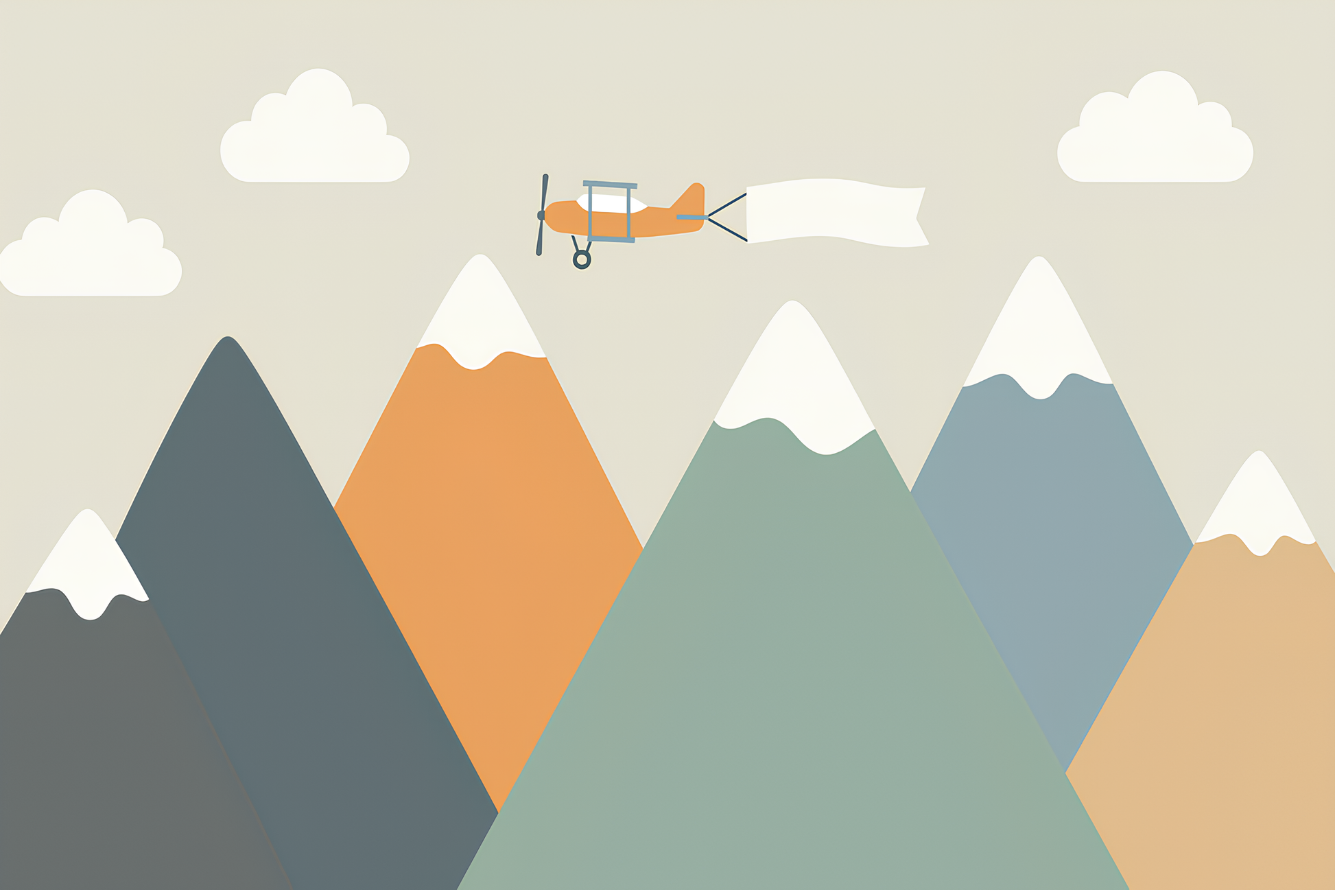 Kids-Mundo flat artwork of colourful snow-capped mountains with a small orange biplane and clouds.