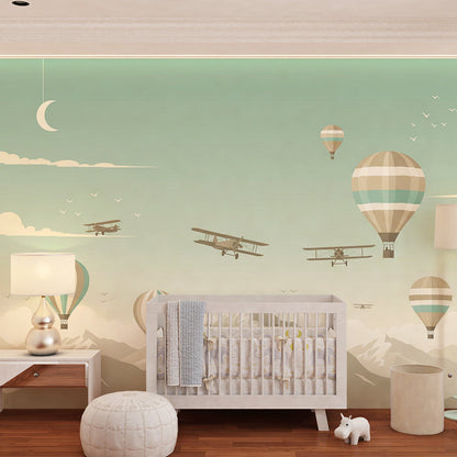 Kids-Mundo biplanes and balloons mountain wall mural styled on a kids bedroom wall