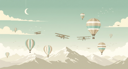 Kids-Mundo flat artwork of the biplane squadron and hot air balloon wall mural