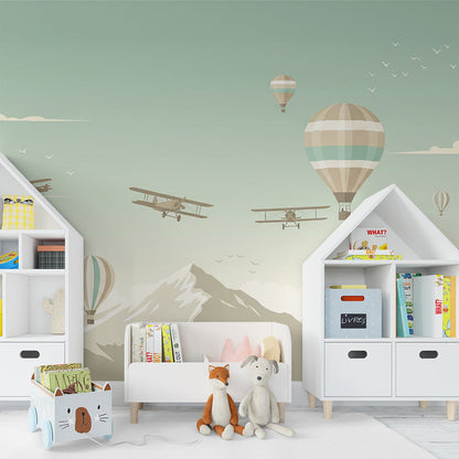 Kids-Mundo teal sky biplane wall mural brightening a playroom feature wall