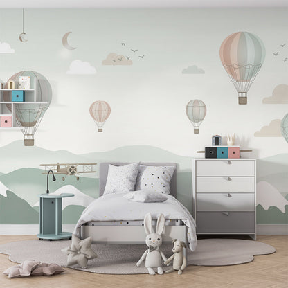 Kids-Mundo balloons and biplanes wall mural styled on a feature wall in a kids bedroom