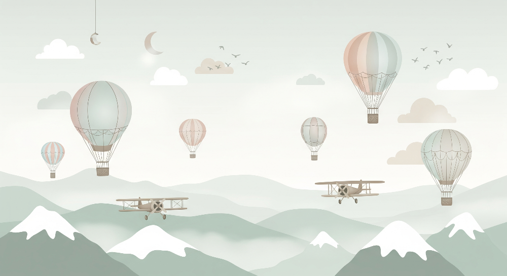 Kids-Mundo flat artwork of the hot air balloon and biplane wall mural over snowy mountains
