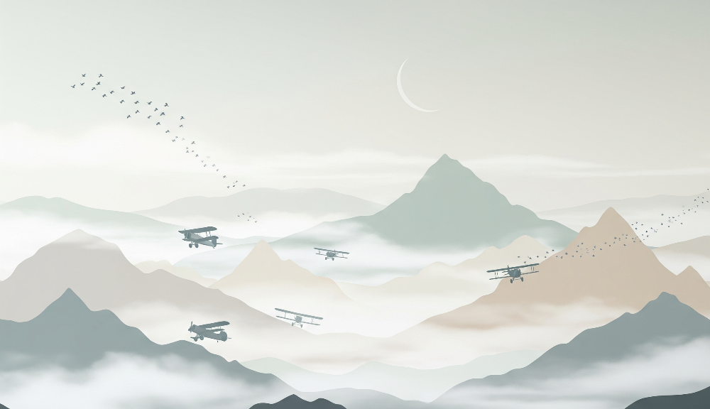 Biplanes Over Misty Mountains Wall Mural