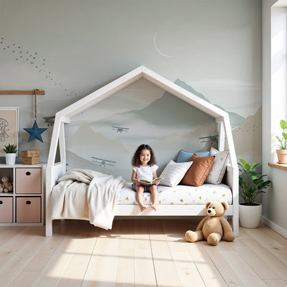 Kids-Mundo biplane and misty mountain wall mural styled above a cot in a soft muted nursery
