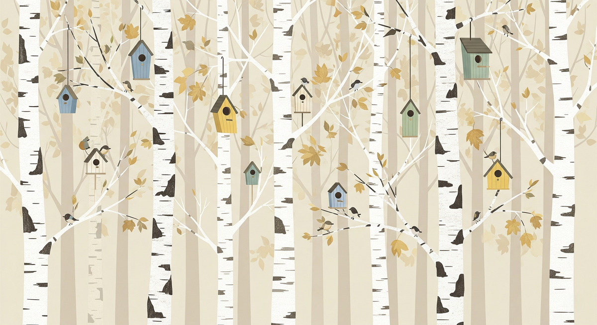 Birch Forest Birdhouses Wall Mural