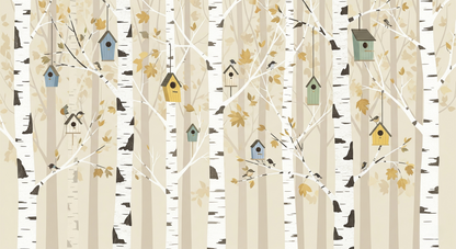 Flat artwork of the Kids-Mundo birch forest wall mural design with birdhouses and birds