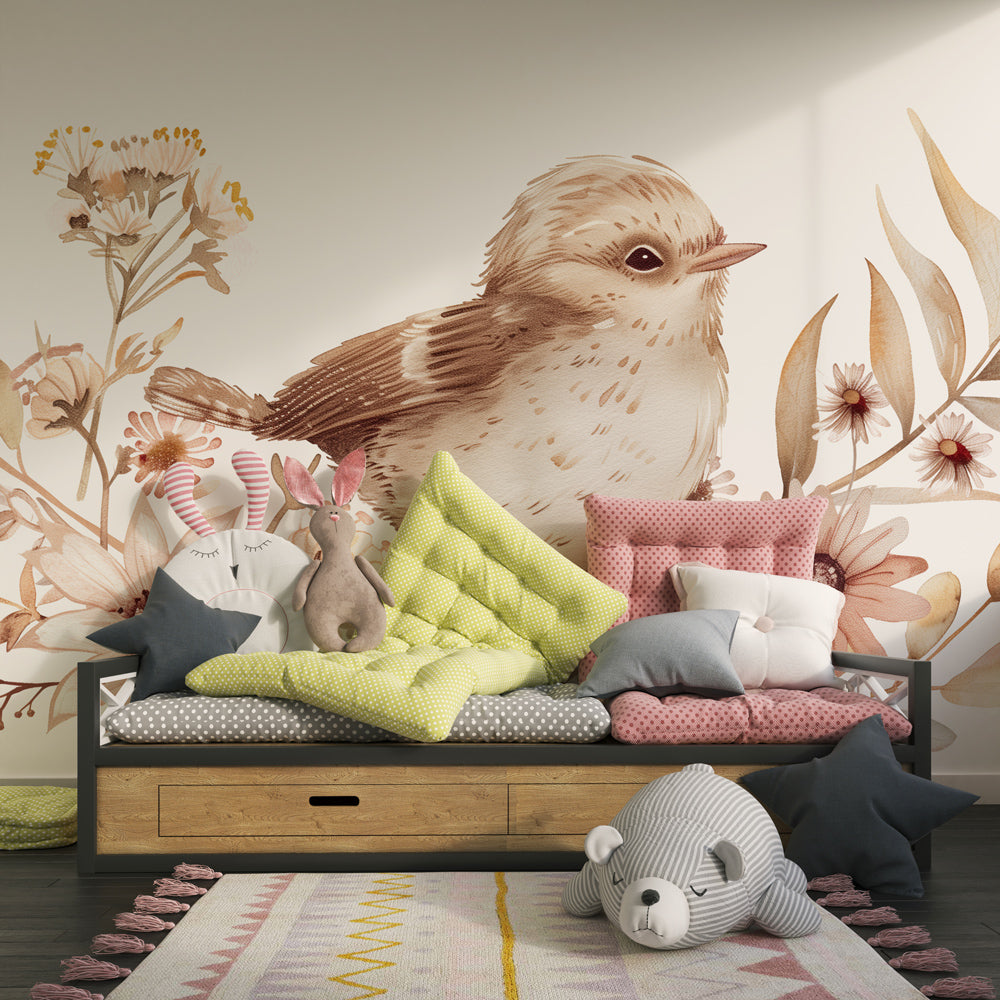 Botanical bird mural wallpaper with watercolor flowers for calming kids room by Kids-Mundo