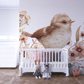 Pastel bird floral wallpaper creating serene atmosphere in toddler bedroom decor