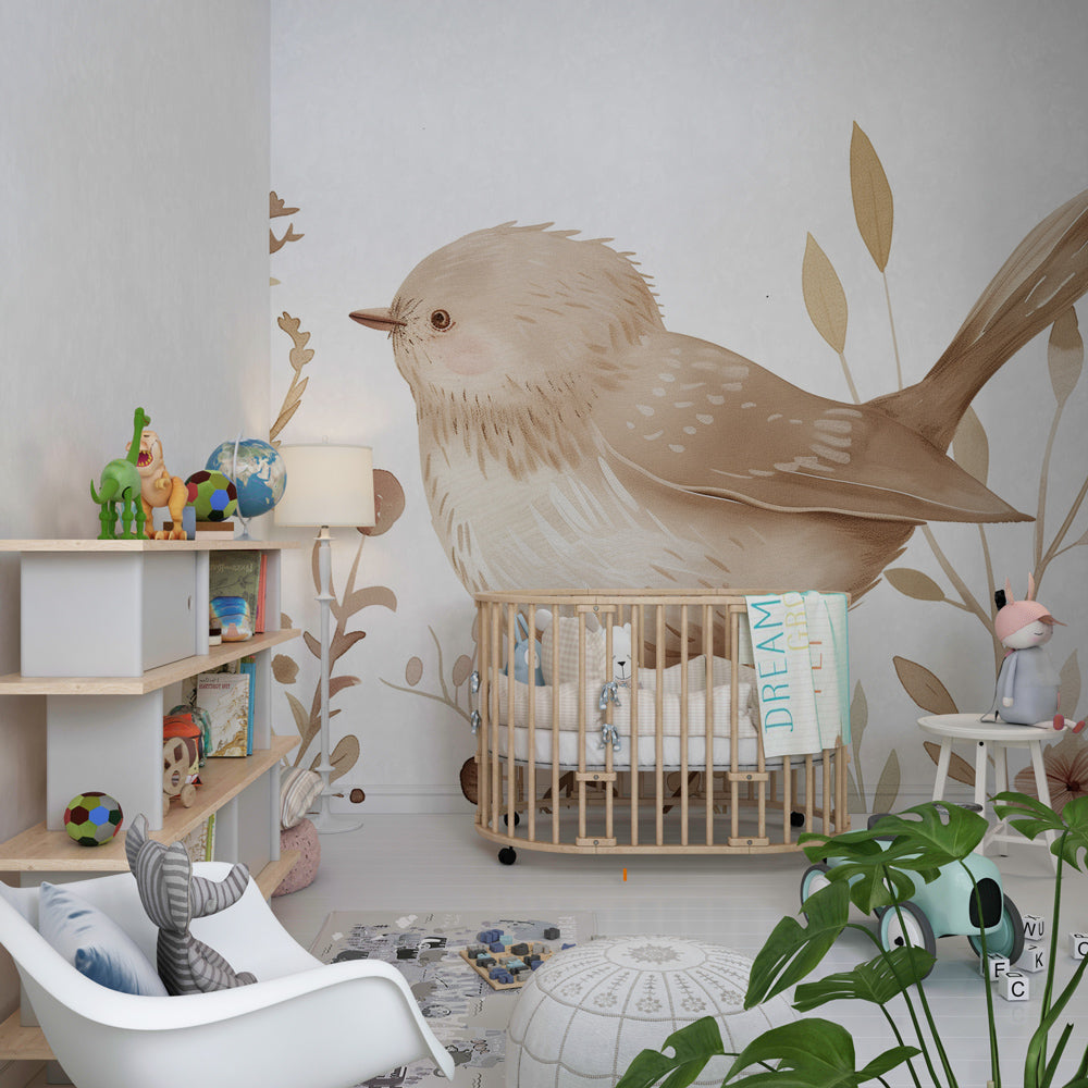 Soft watercolor bird and floral mural wallpaper creating serene children's bedroom decor