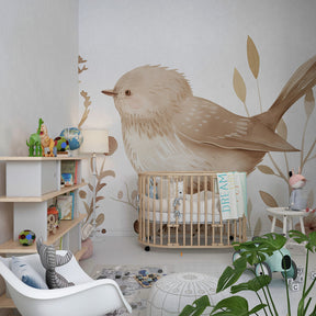 Soft watercolor bird and floral mural wallpaper creating serene children's bedroom decor