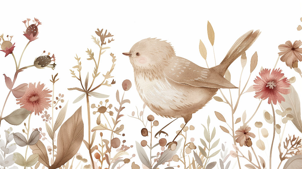Detailed watercolor bird and floral mural wallpaper design pattern by Kids-Mundo