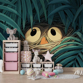 Lush tropical foliage mural wallpaper with cute birds for kids playroom by Kids-Mundo