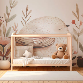 Watercolor bird and floral mural wallpaper creating serene children's bedroom decor