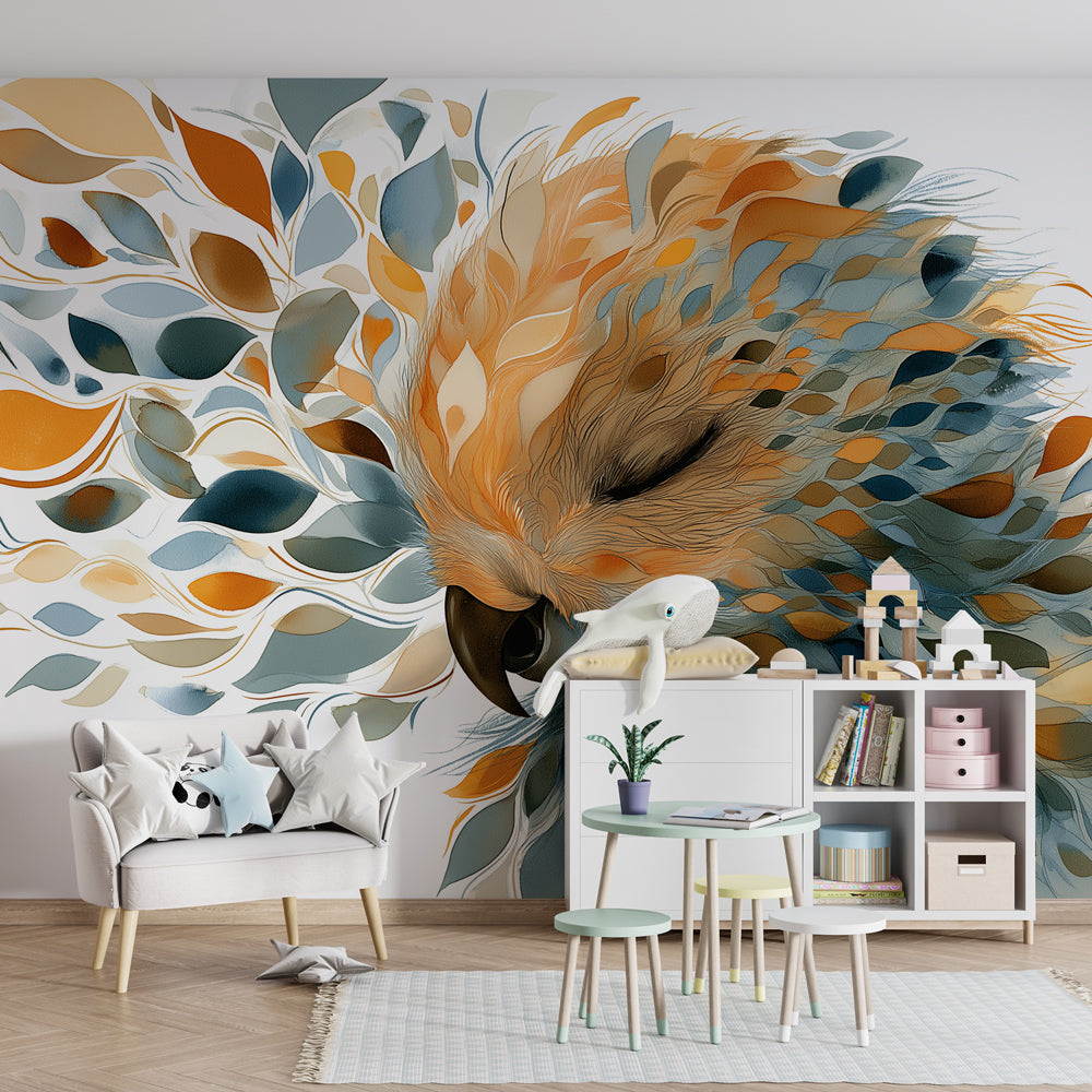 Close-up view of peaceful bird mural wallpaper showing detailed colorful foliage design