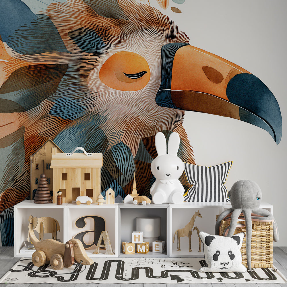 Bird and foliage mural wallpaper with blue orange green tones in cozy kids playroom setting