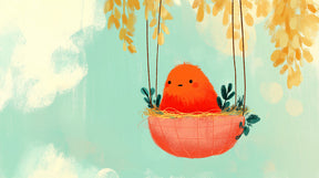 Detailed orange bird in nest mural wallpaper design pattern with leaves and branches by Kids-Mundo