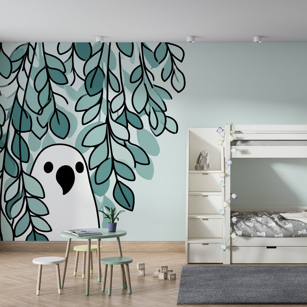 Playful bird wallpaper transforming children's bedroom with green foliage design by Kids-Mundo