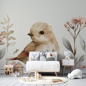 Pastel watercolor bird mural wallpaper complementing natural nursery decor