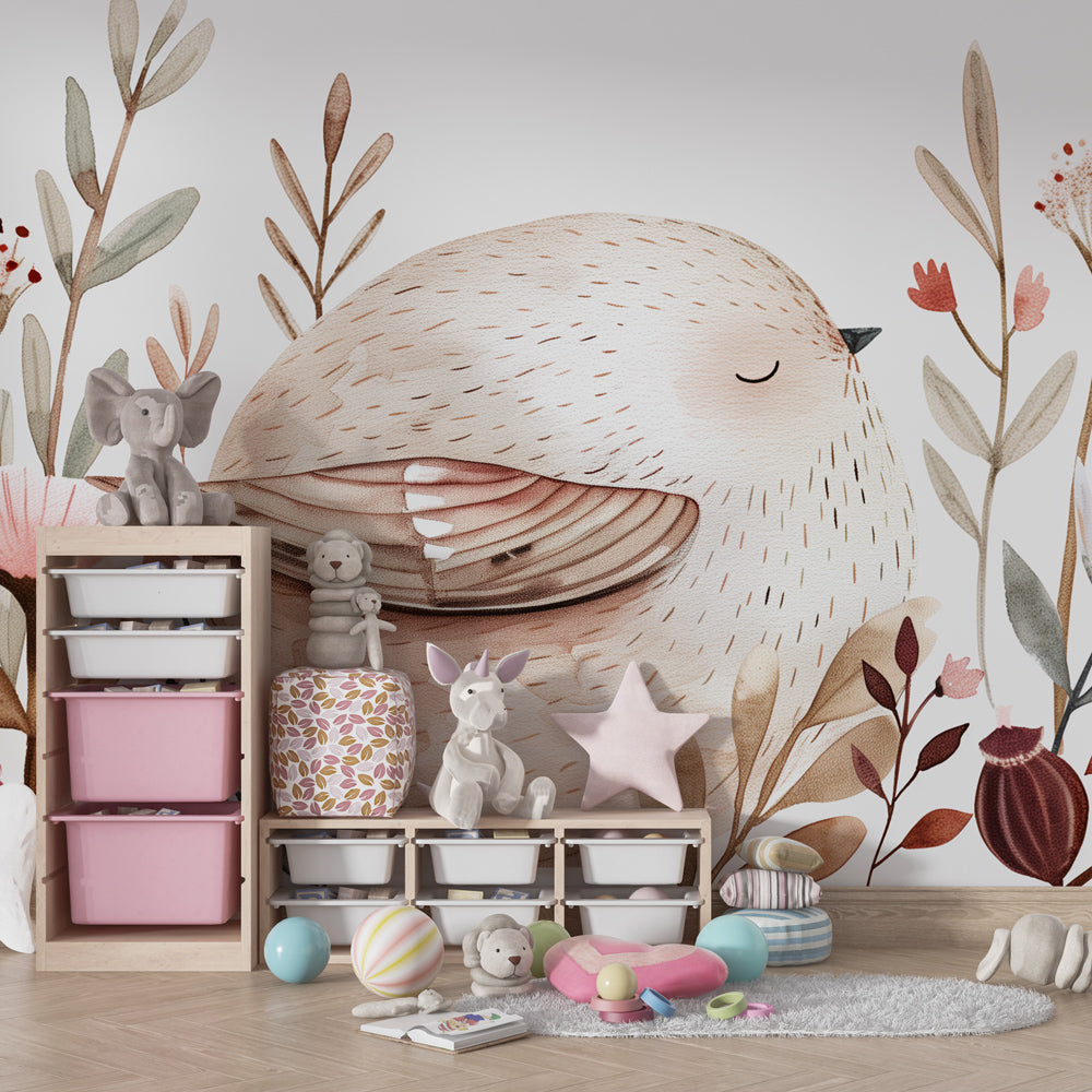 Soft pastel bird wallpaper with botanical elements for peaceful baby room by Kids-Mundo