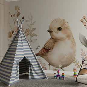 Soft floral bird wallpaper creating peaceful atmosphere in children's bedroom