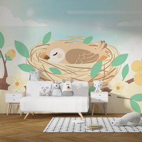 Sleeping bird wallpaper transforming children's bedroom with gentle nature theme