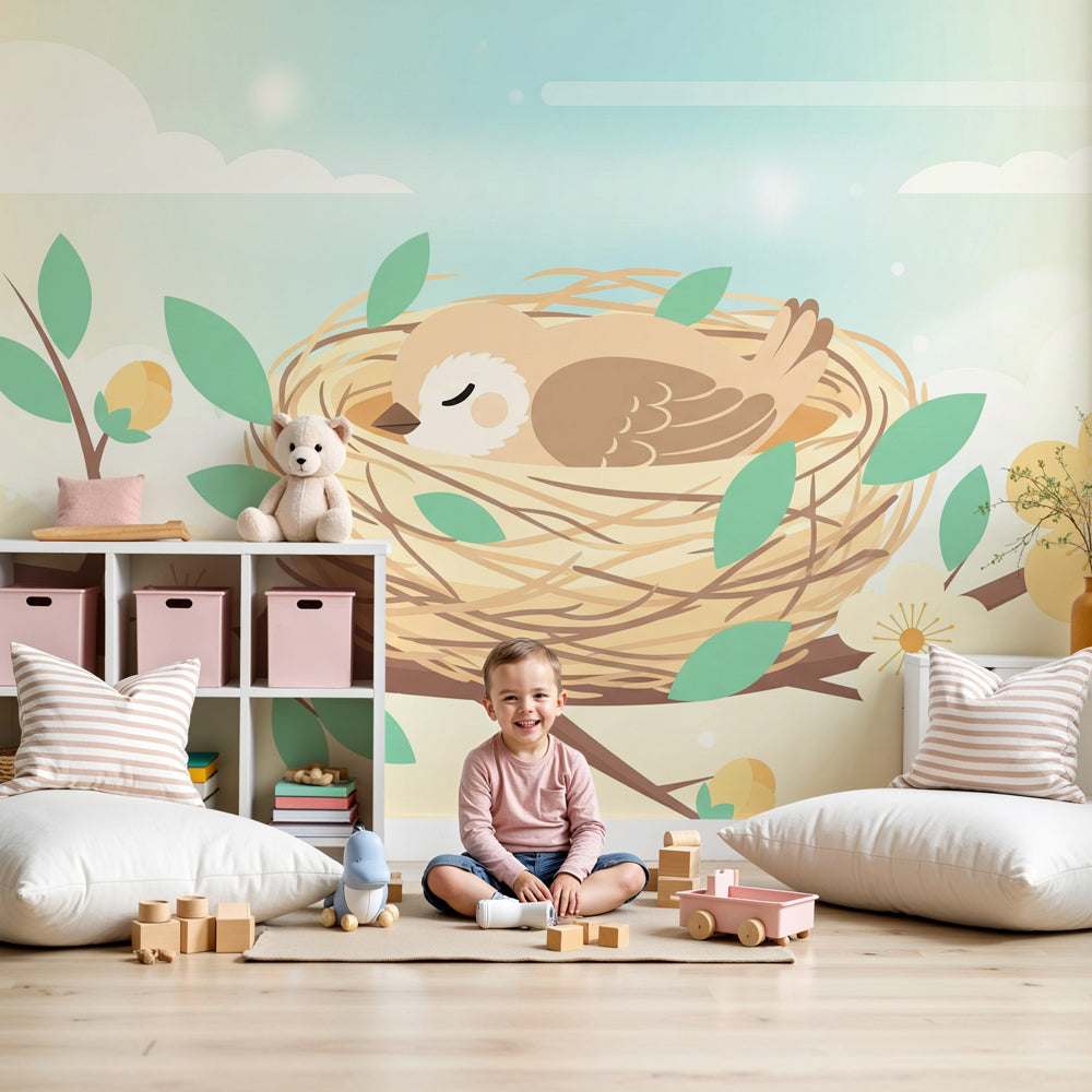 Bird nest mural wallpaper creating peaceful atmosphere in modern nursery room by Kids-Mundo