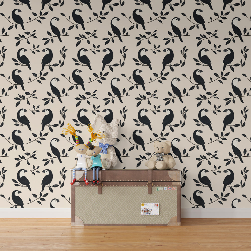 Nature-themed bird wallpaper creating calm atmosphere in kids playroom with elegant beige tones