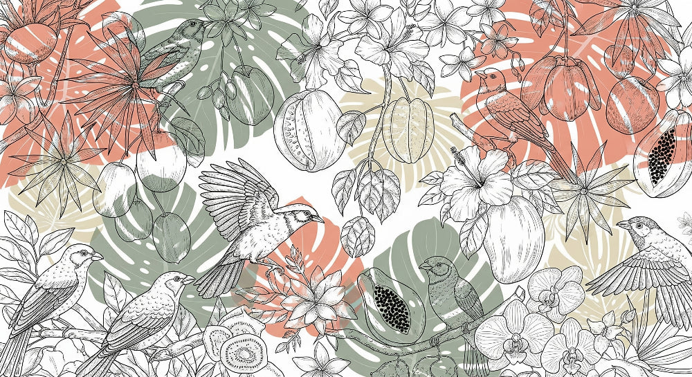 Detailed tropical birds and botanical mural wallpaper design pattern by Kids-Mundo