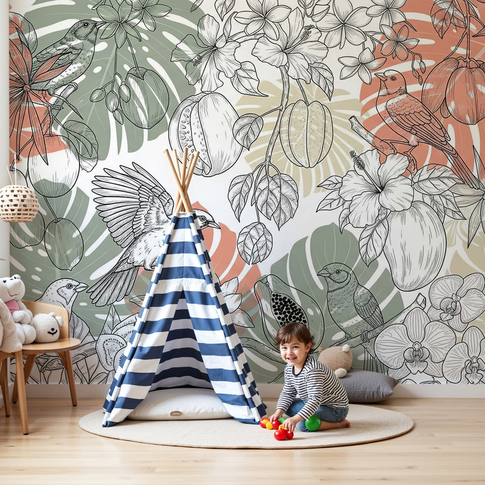 Tropical birds and botanical mural wallpaper creating vibrant nursery decor by Kids-Mundo