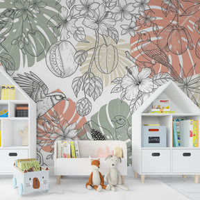 Nature-inspired birds mural wallpaper transforming kids playroom into tropical paradise