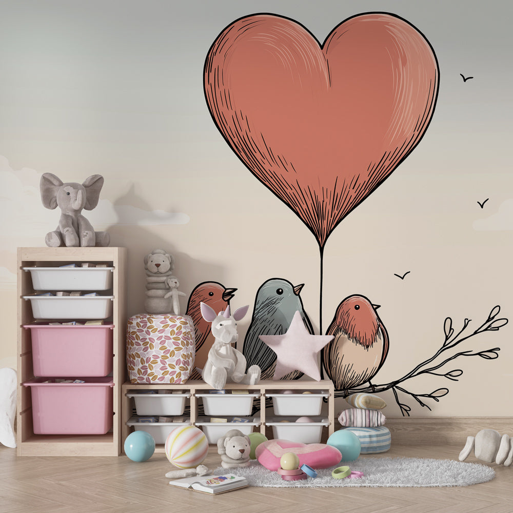 Heart balloon birds mural wallpaper paired with wooden furniture in cozy nursery setting