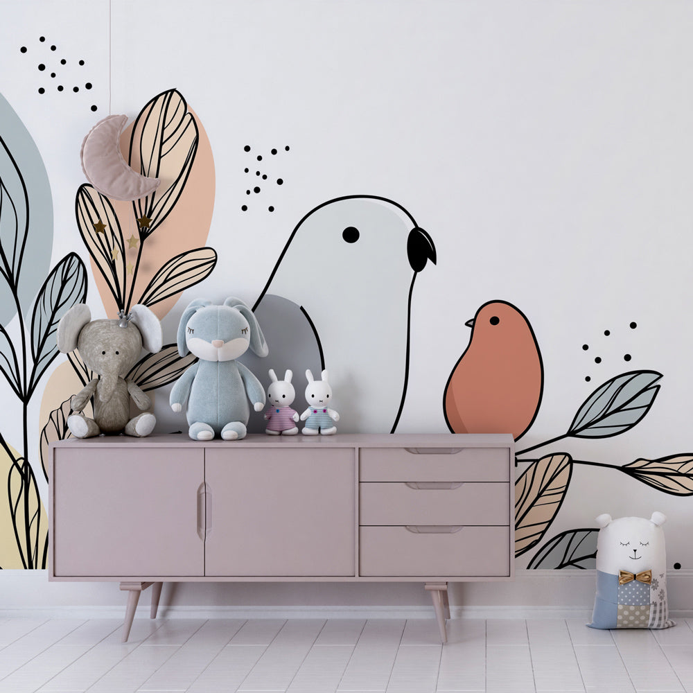 Delicate bird wallpaper creating serene atmosphere in children's bedroom with soft colors