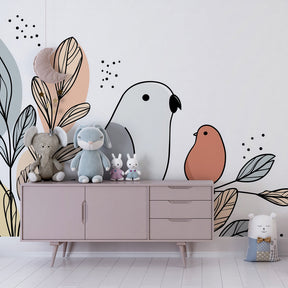 Delicate bird wallpaper creating serene atmosphere in children's bedroom with soft colors