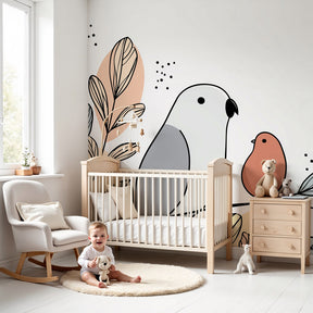 Birds and leaves mural wallpaper in modern nursery with wooden furniture by Kids-Mundo