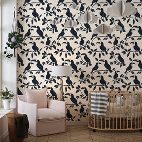 Exotic bird wallpaper transforming children's bedroom with leafy branch design and natural wood furniture