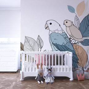 Delicate bird wallpaper creating serene atmosphere in children's bedroom