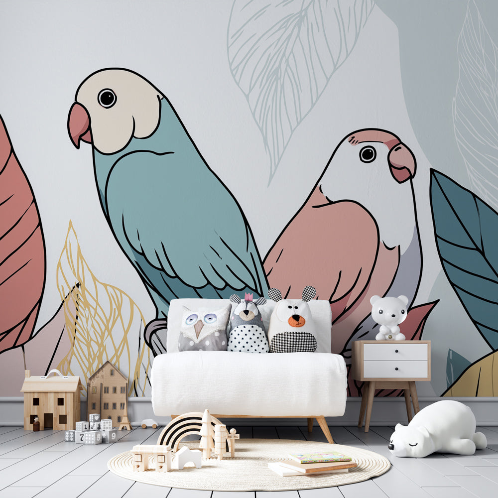 Nature-themed bird wallpaper transforming children's bedroom with pastel foliage design