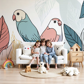 Colorful birds mural wallpaper creating serene nature atmosphere in modern nursery by Kids-Mundo
